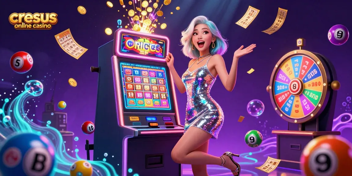 Le casino en ligne Cresus présente une scène de casino excitante avec un joueur célébrant près d'une machine à sous jackpot.