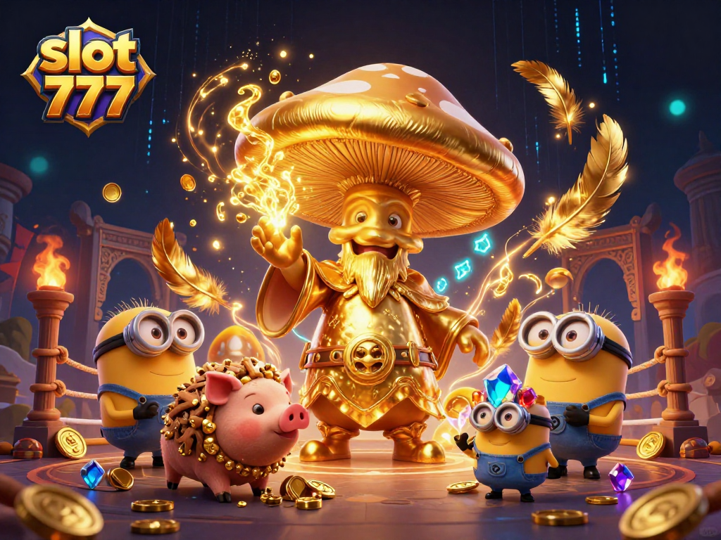 Experience the magic of slot 777 with golden wizards and treasure-hunting pig in a captivating casino scene.