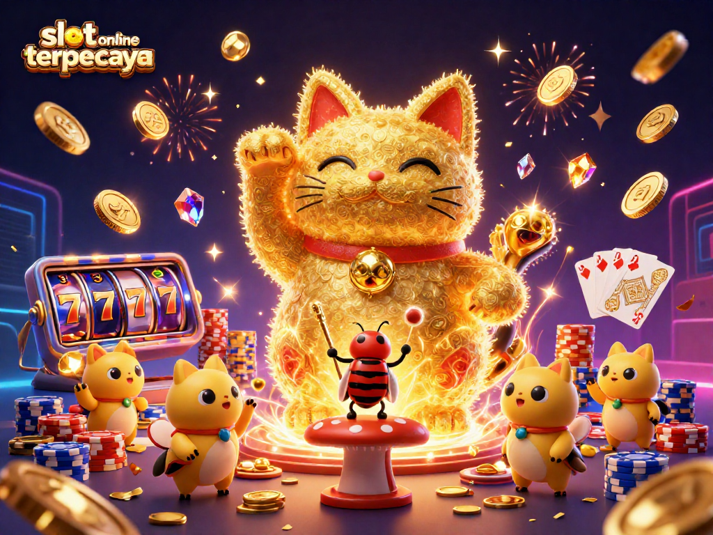 Menangkan jackpot di slot online terpercaya dengan simbol keberuntungan dan hiasan meriah.
