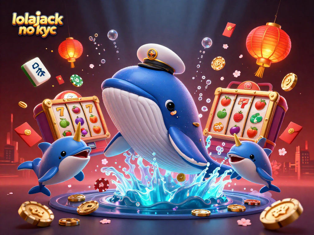 Engage with the vibrant "lolajack no kyc" casino scene featuring a playful whale and gaming elements.