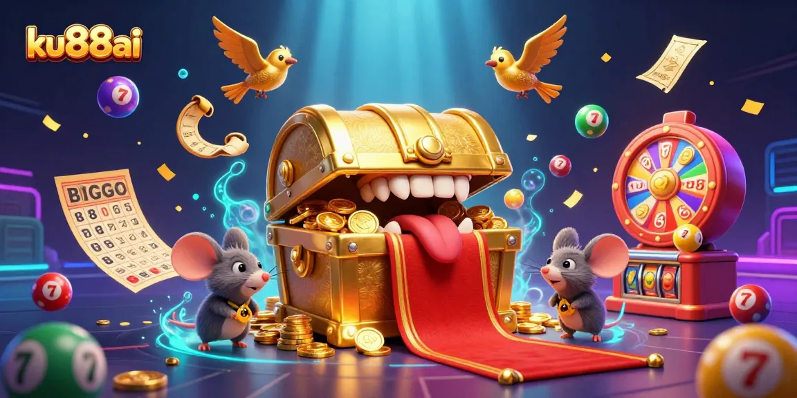 Engage with ku88ai's vibrant lottery scene featuring a dynamic treasure chest and flying lottery elements.