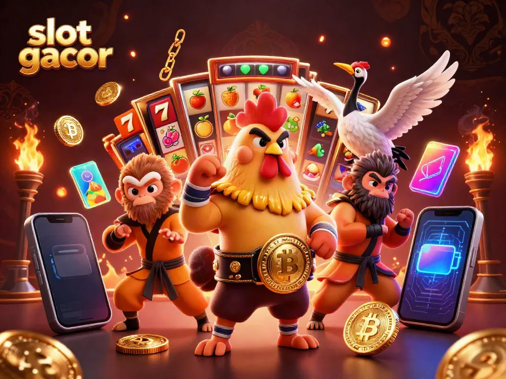 Slot gacor menampilkan ayam Muay Thai, monyet Shaolin, dan master crane dalam ilustrasi 3D yang dinamis.