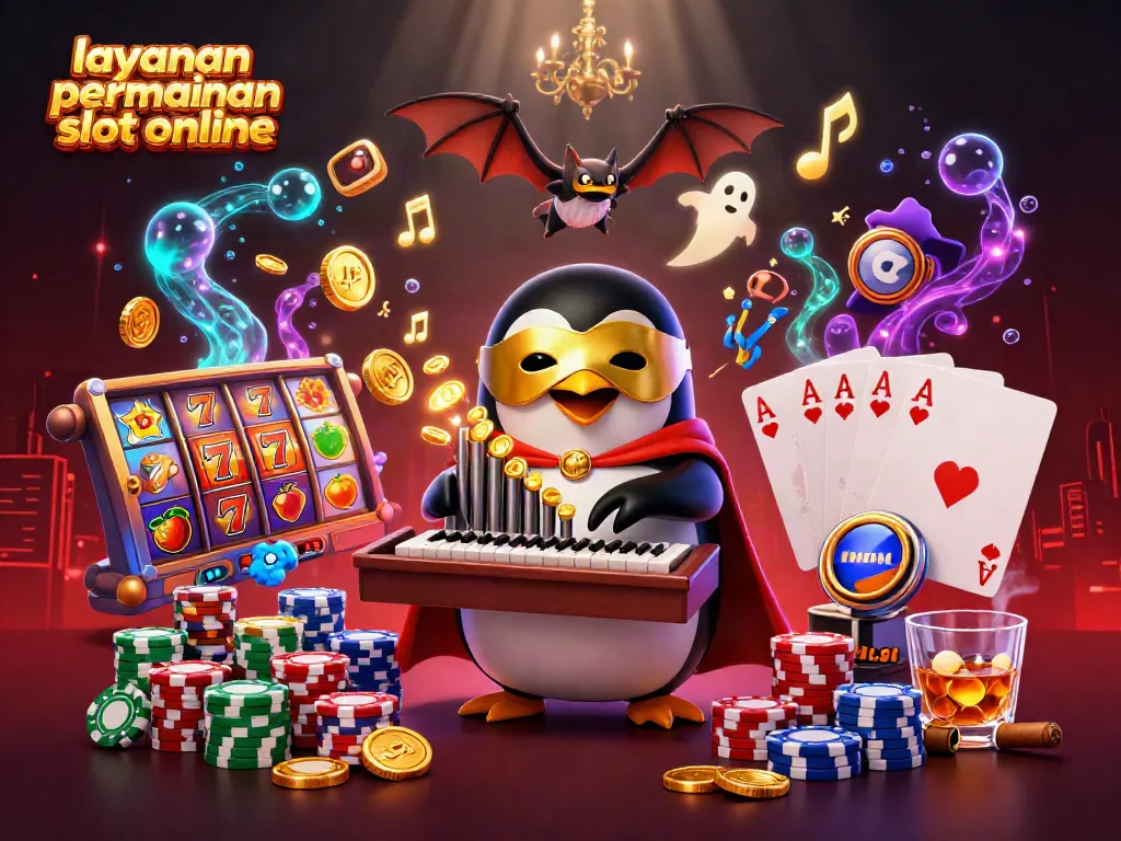 Ilustrasi layanan permainan slot online dengan penguin kartun dan simbol jackpot yang menarik.