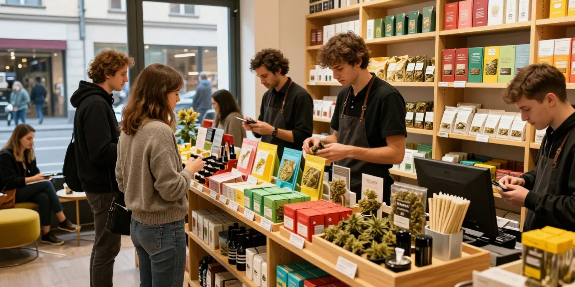 Where Can I Find High-Quality Cannabis In Milan, Italy? Customers exploring premium cannabis products in a vibrant Milan dispensary.