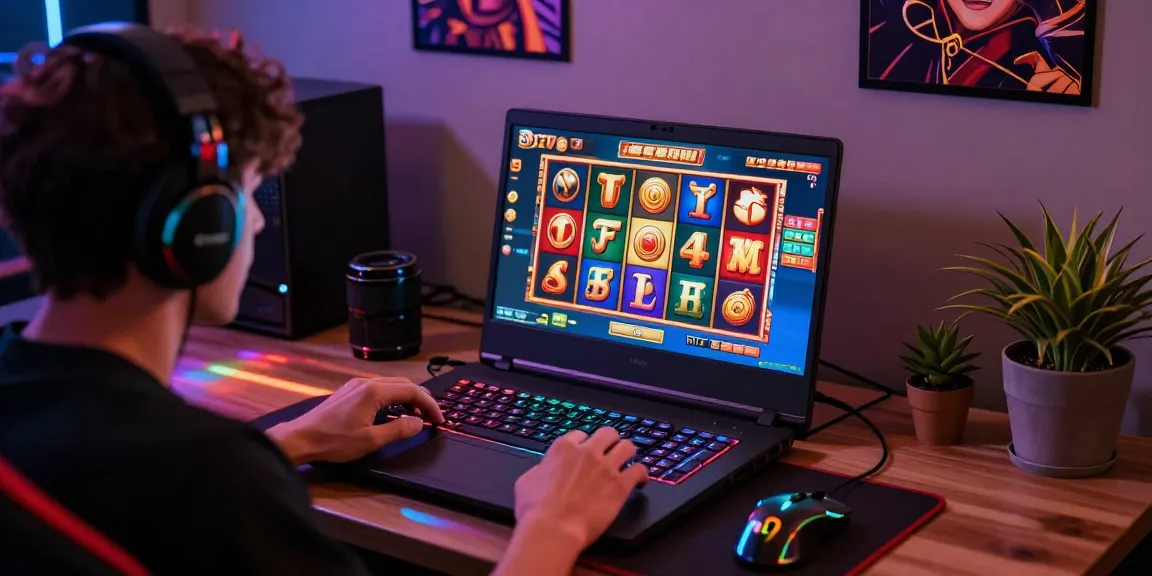 Engaging player at slot depo 1000 game on gaming laptop with colorful accessories.