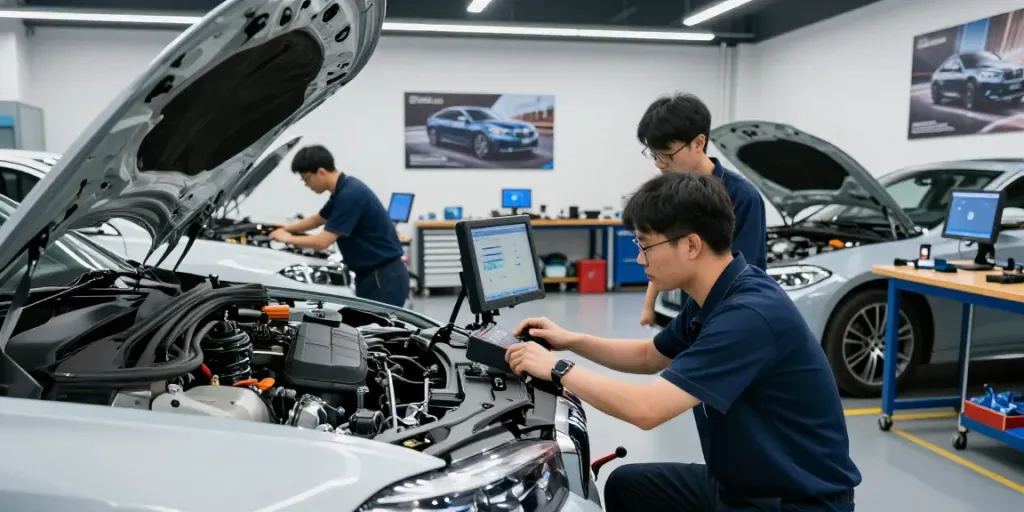 BMW Werkstatt Hannover mit Fachtechnikern, die an Fahrzeugen arbeiten.