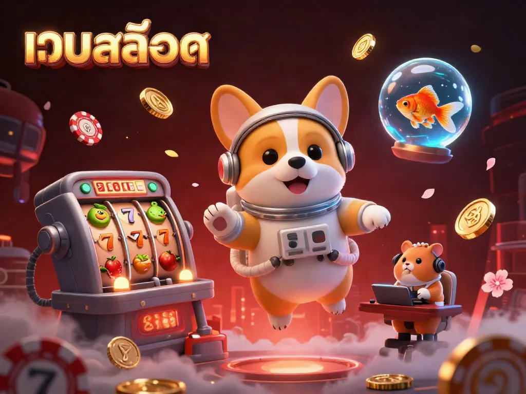 Watch the corgi astronaut in a casino setting, amidst floating slot symbols, at เว็บสล็อต