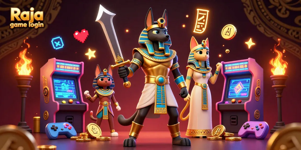 Engage with the Raja game login experience featuring 3D characters amidst vibrant casino game elements.