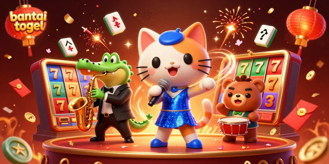 Bantai togel slots feature a jazz-singer cat, jazz croc, and bear cub with festive elements.