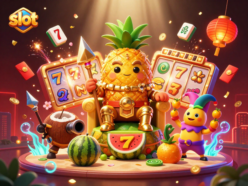 Spin the slot reels with the golden pineapple king in a vibrant beach casino scene.
