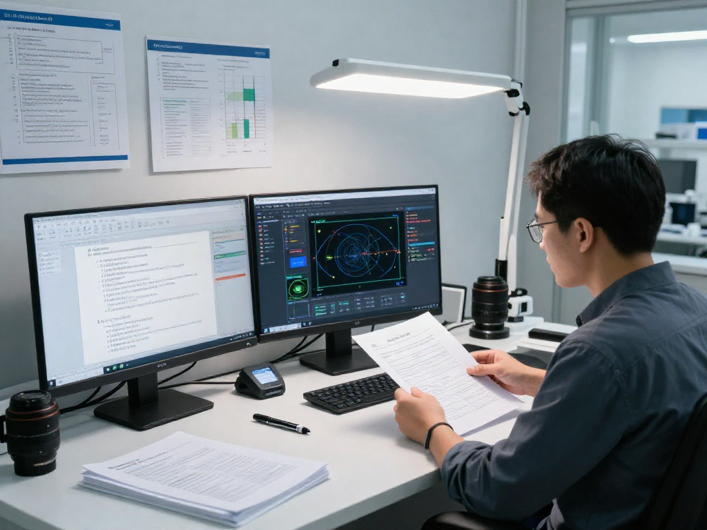 Analyst in a professional forensic lab focusing on document fraud detection technology, examining various documents with advanced software on screens.
