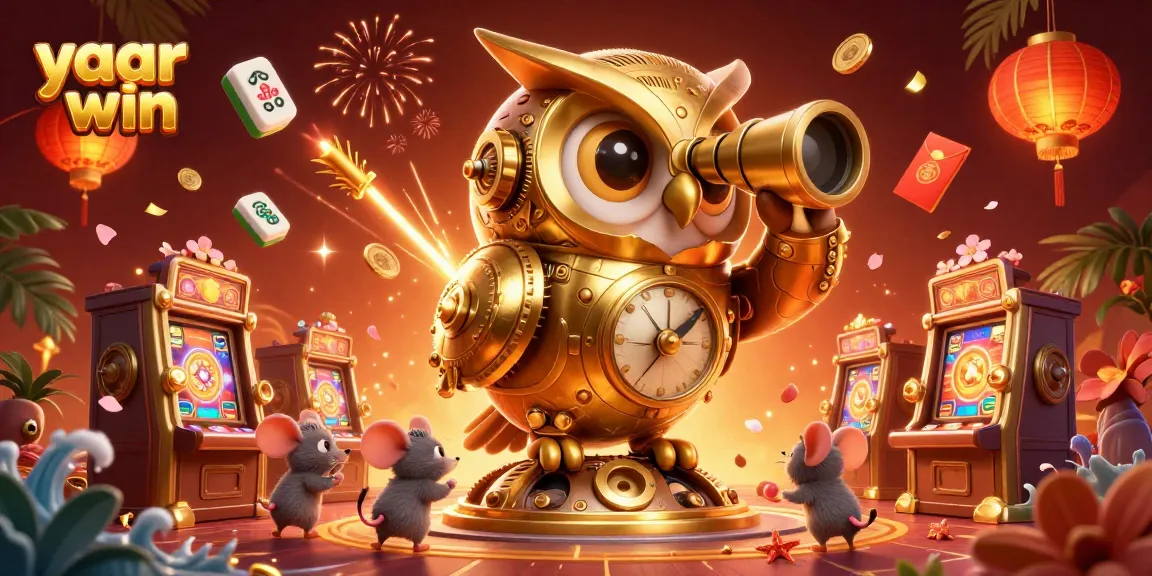 Engage with yaar win's enchanting 3D casino scene featuring the golden owl and festive game elements.