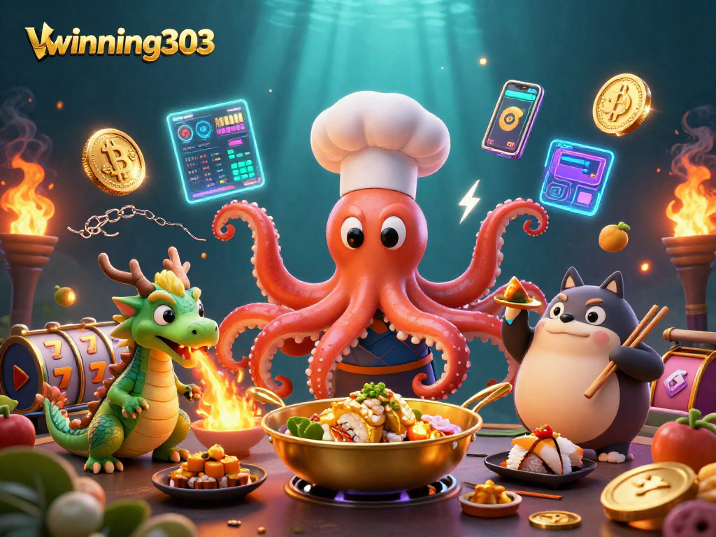 Winning303 showcases vibrant casino energy with colorful characters and crypto elements.
