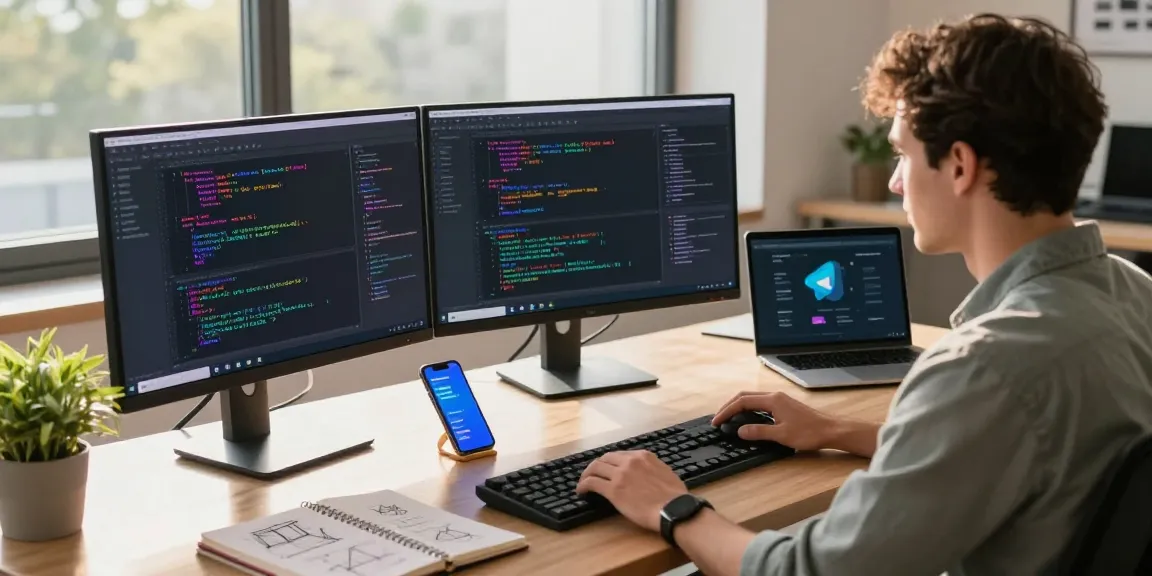 Engaging workspace featuring a developer coding 纸飞机中文版 application on dual monitors in a modern office ambiance.