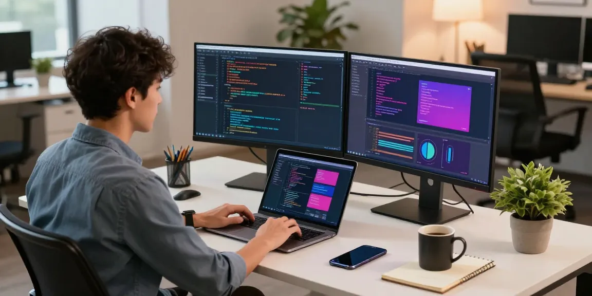 Dynamic software development workspace at teiegramin.com showcasing a developer coding with dual monitors and vibrant designs.
