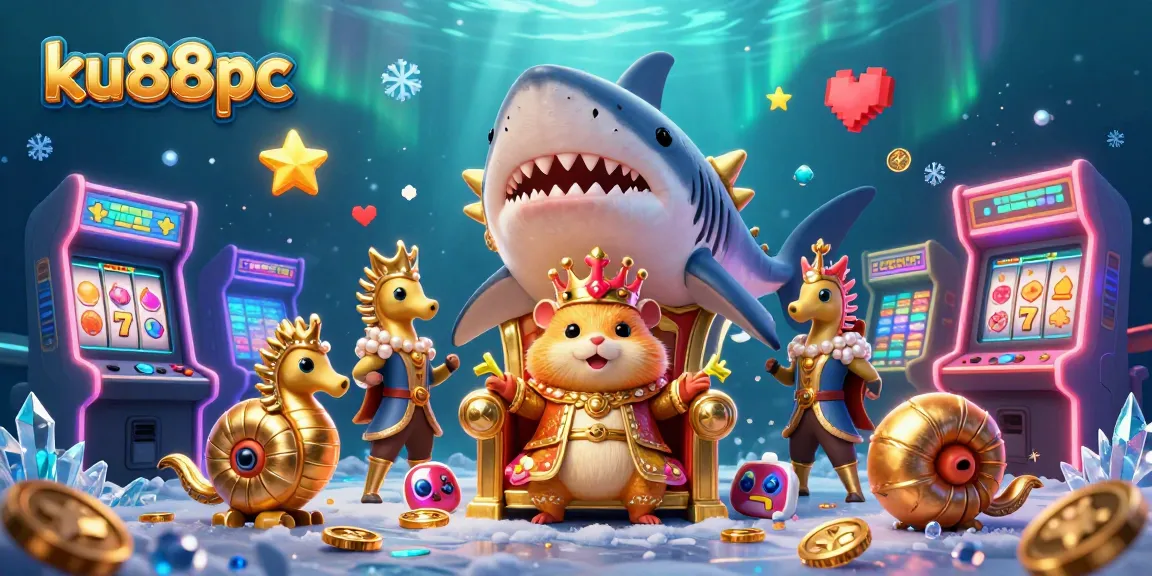 ku88pc showcases a vibrant underwater casino scene with a golden hamster king on a megalodon throne.