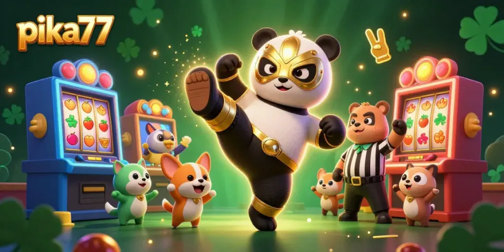 Experience the excitement of pika77 slots with a panda wrestler kicking amidst vibrant gaming action.