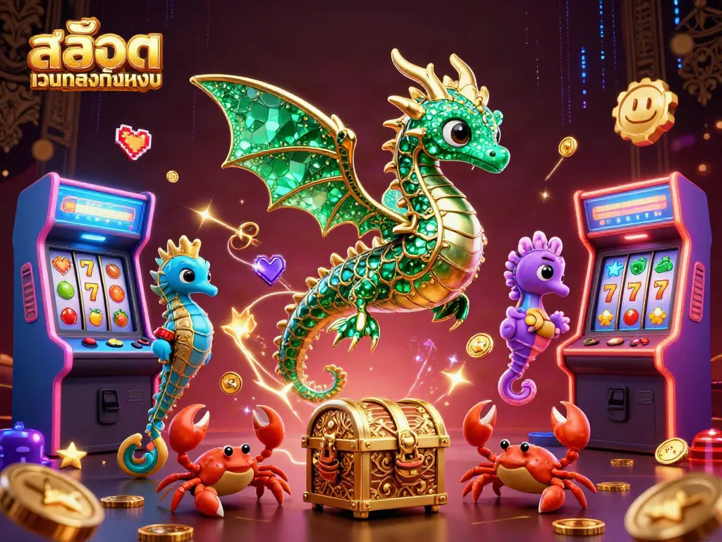 Experience excitement with สล็อตเว็บตรงทั้งหมด, featuring a floating sea dragon, slot machines, and vibrant game elements.