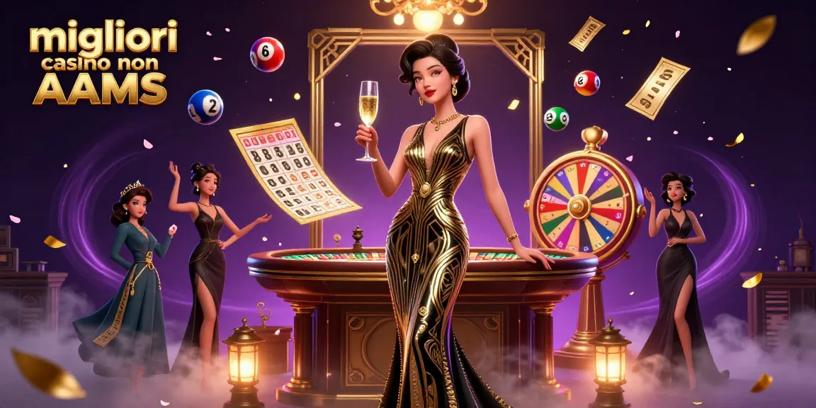 Illustrazione accattivante che mostra i migliori casino non AAMS con una donna asiatica glamour tra vivaci elementi da casinò.