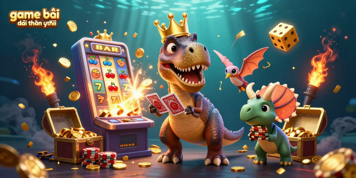 Engage with game bài đổi thưởng uy tín as a friendly T-Rex shuffles cards while a pterodactyl assists in a vibrant casino scene.