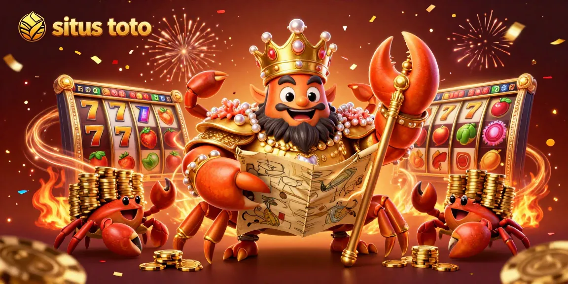 Situs toto showcases a golden crab emperor ruling over vibrant slot machines and treasure-filled scenery.