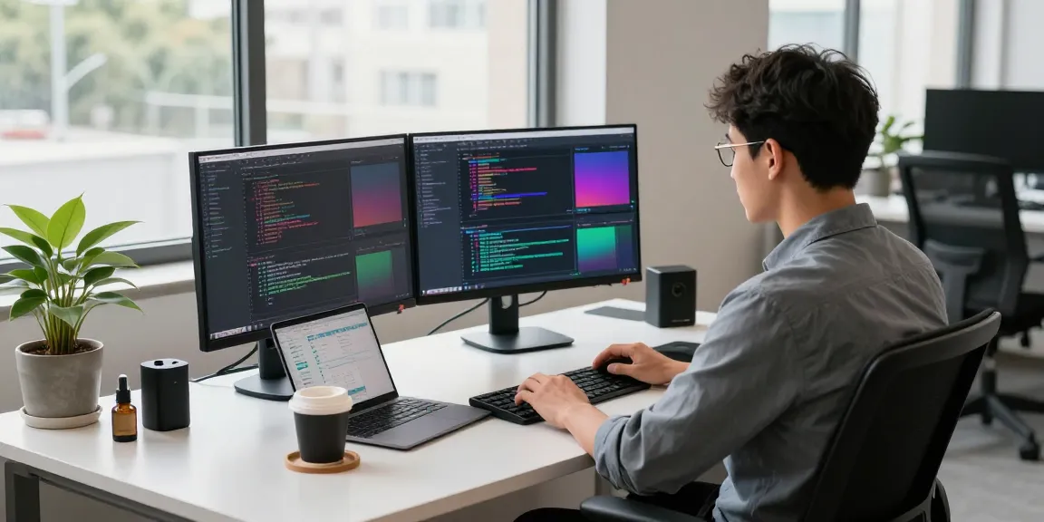 Dynamic coding workspace featuring a developer using 纸飞机中文版 on dual monitors, showcasing productivity.