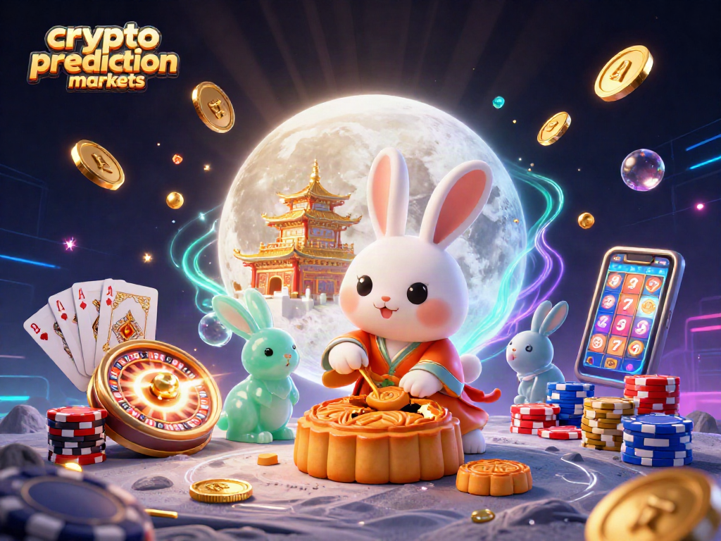 Engage in crypto prediction markets with a moon rabbit, poker chips, and casino elements.