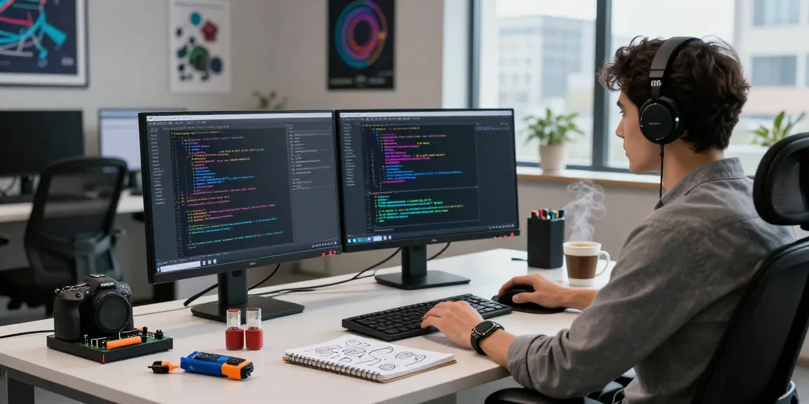 Engaging workspace of a developer coding the 纸飞机中文版 app on dual monitors in a modern office setting.