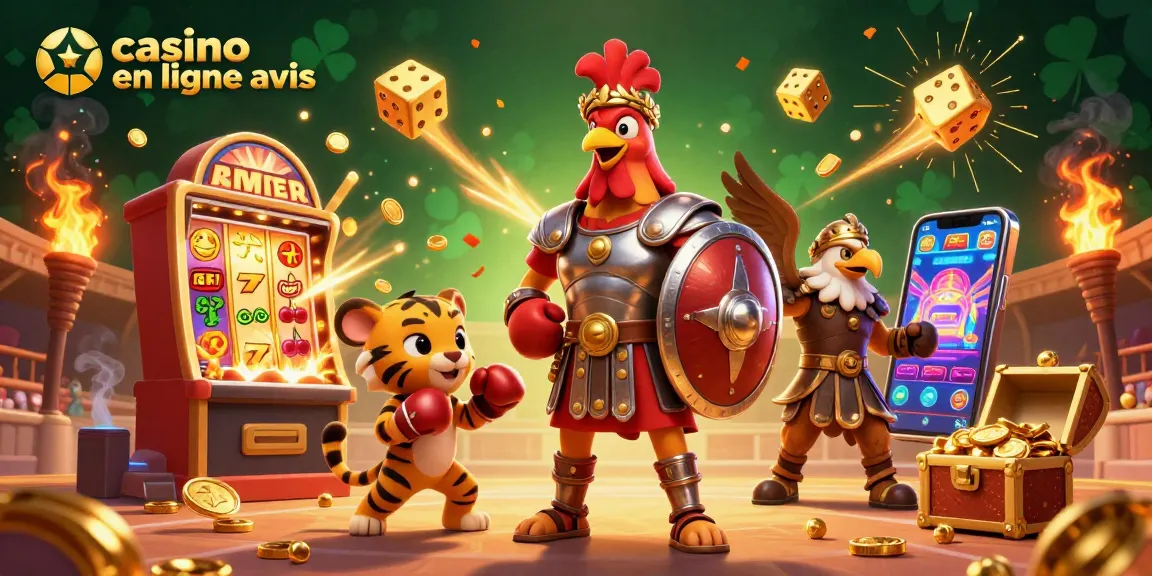 Une illustration de "casino en ligne avis", mettant en avant un homme en armure romaine et un tigre, entourés de symboles de jackpot.