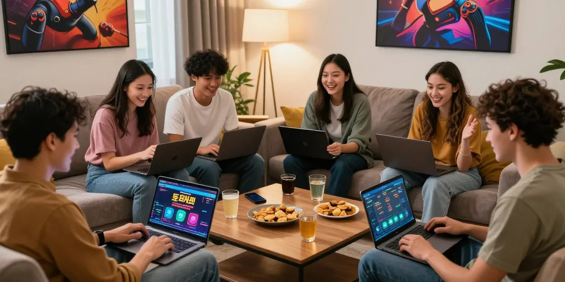 Group of friends enjoying a casual gaming night on 토토사이트 with laptops and snacks.