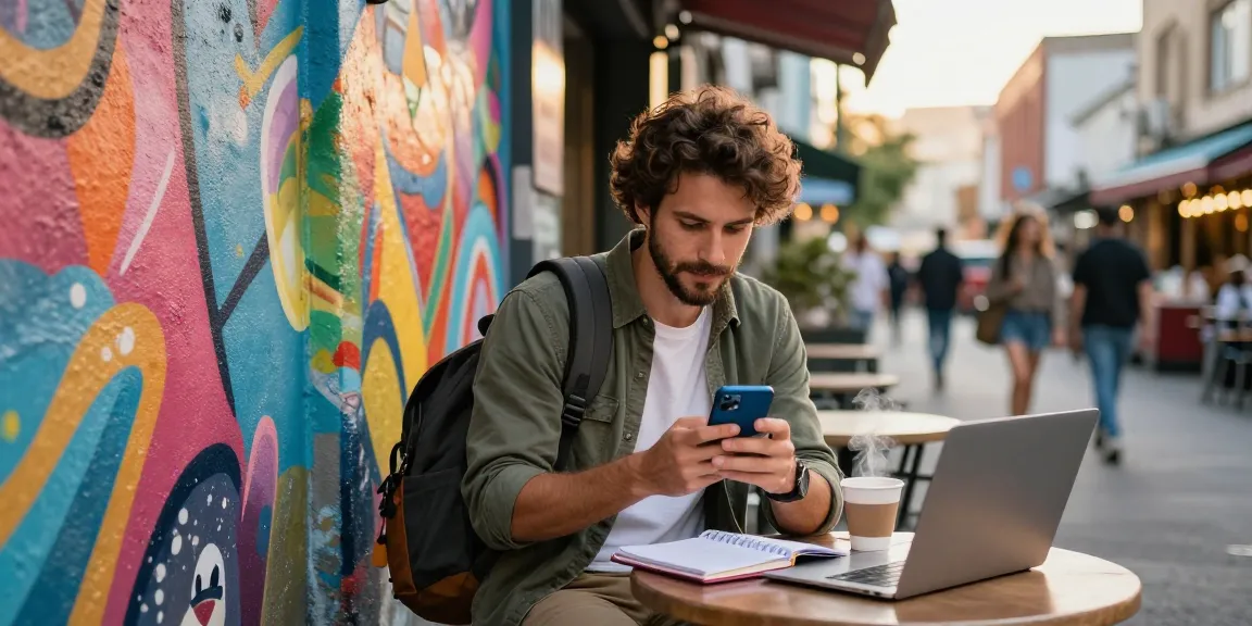 International calls app download in action as traveler explores the city using their smartphone for travel connectivity.