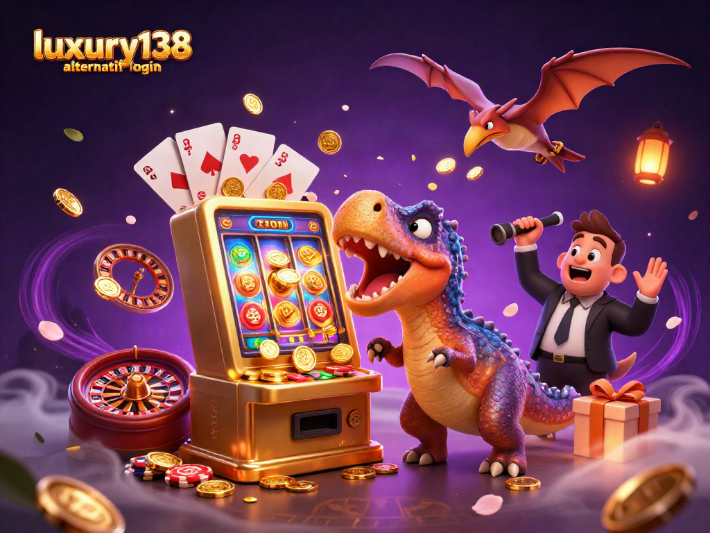Memainkan slot jackpot dengan luxury138 alternatif login dan karakter dinosaurus dalam ilustrasi fantastis.