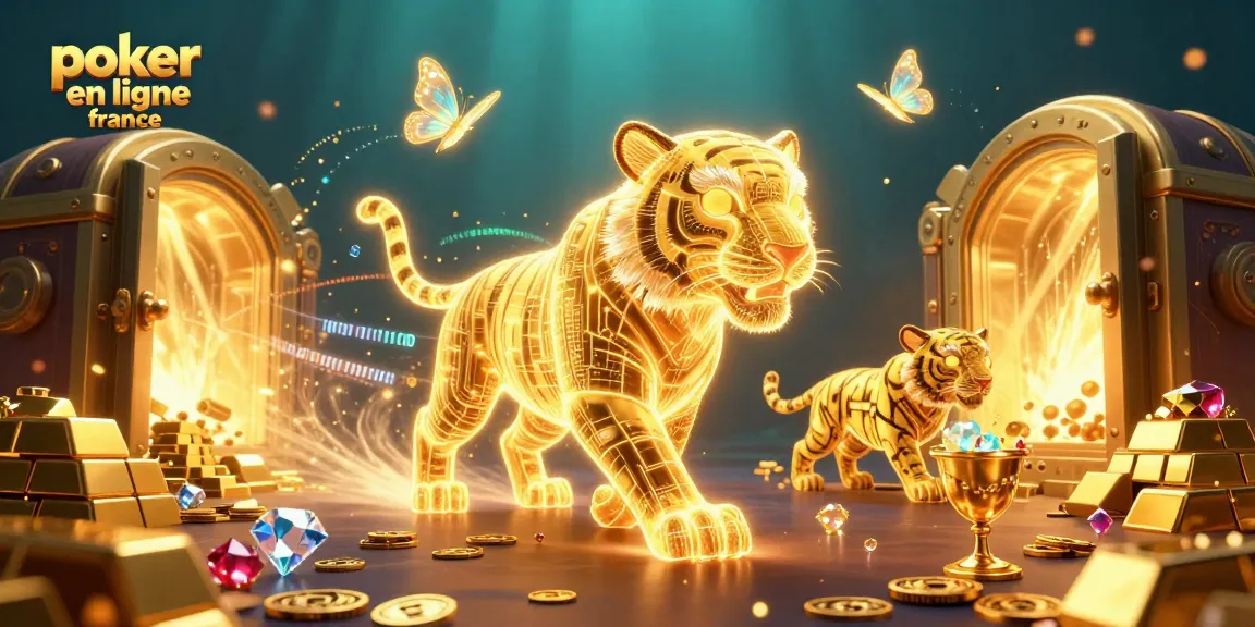 Expérience immersive de poker en ligne France avec une illustration dynamique d'un tigre en lumière et des gemmes scintillantes.
