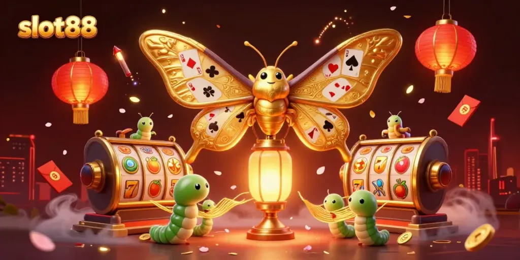 Engage with slot88 in a vibrant 3D illustration showcasing jackpot excitement and casino symbols.
