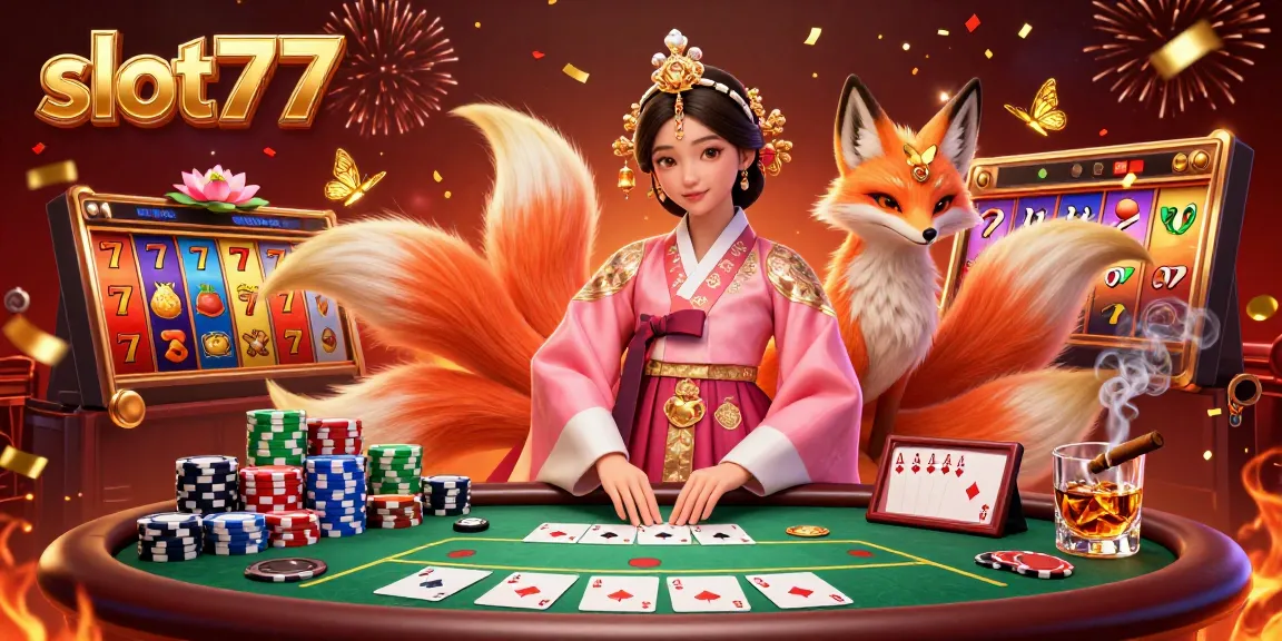 Experience thrilling gameplay with slot77's vibrant slot reels and joyful characters in a bustling casino scene.