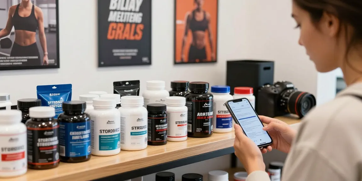Customer exploring Astera Shop's steroid products in a modern retail setting.