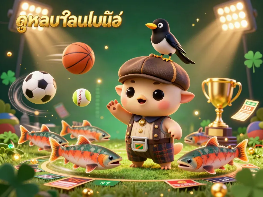 Engage in ดูบอลออนไลน์ with a vibrant 3D illustration of Nessie and friends amid dynamic betting elements.