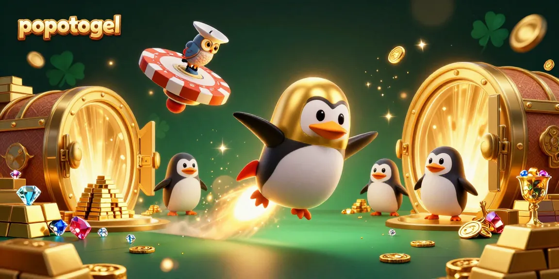 Experience popotogel excitement with a golden penguin soaring towards casino treasures!