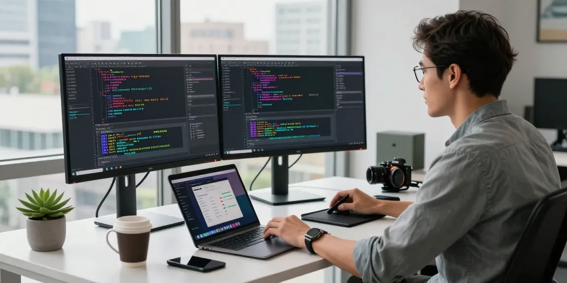 Software developer at raja328.com coding in a modern workspace with dual monitors.