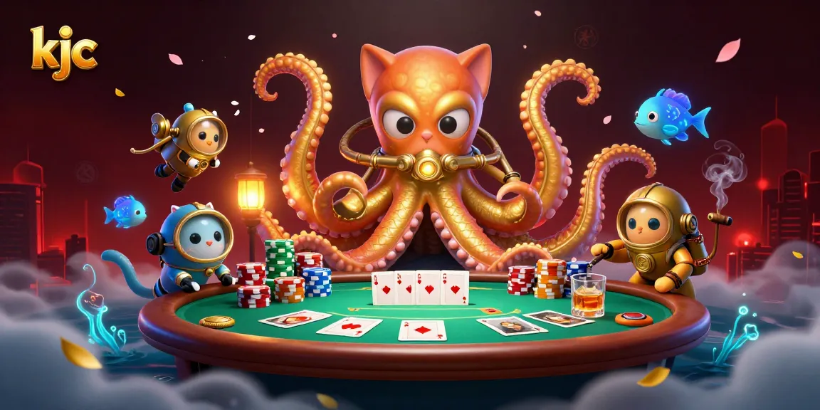 Play immersive games at KJC, featuring an epic kraken, a diving cat, and vibrant poker elements.