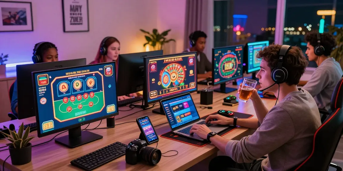 Exciting online gaming scene with newbet4d players engaged in virtual casino fun amidst a vibrant home office environment.