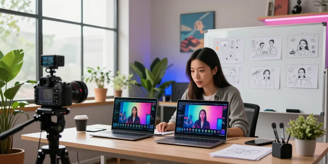 Using Seedance 2.0, a woman creates vibrant videos in her stylish studio, showcasing modern video production.
