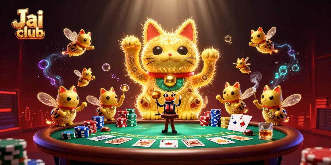 Experience the Jai club excitement with a magical lucky cat surrounded by vibrant casino elements.