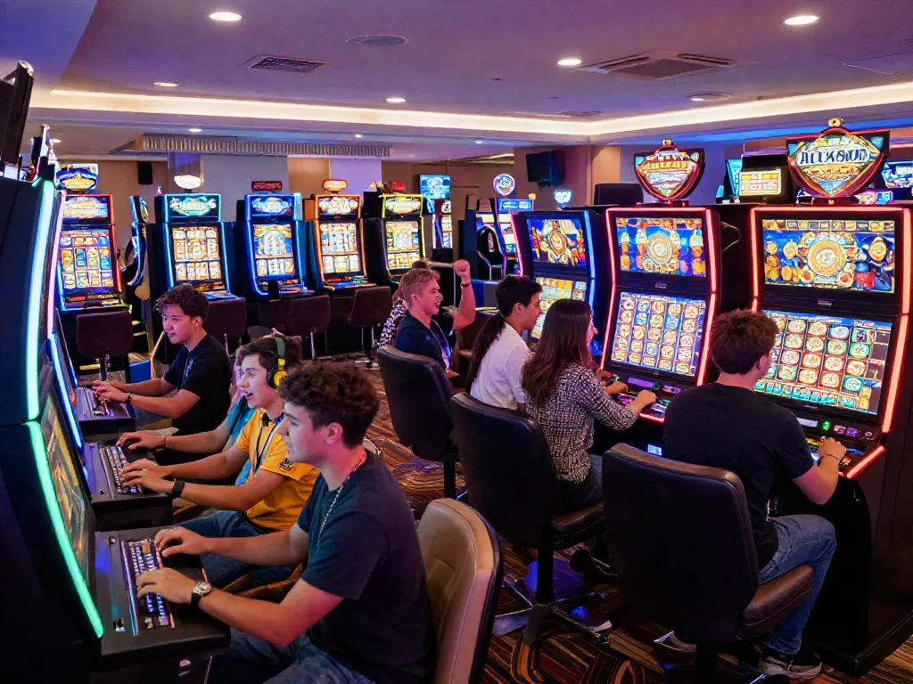 Slot mesin yang ramai di kasino dengan pemain bahagia merayakan kemenangan.