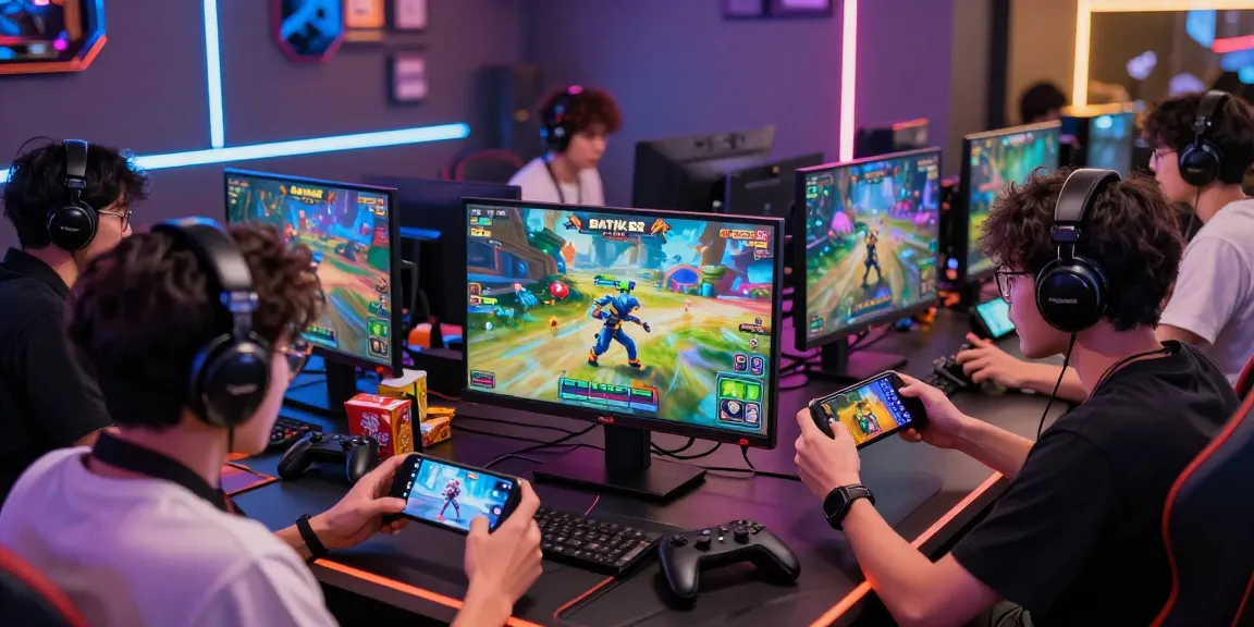 Pengalaman bermain BATIK88 GACOR dengan kelompok pemain dan perangkat gaming di ruang modern yang meriah.