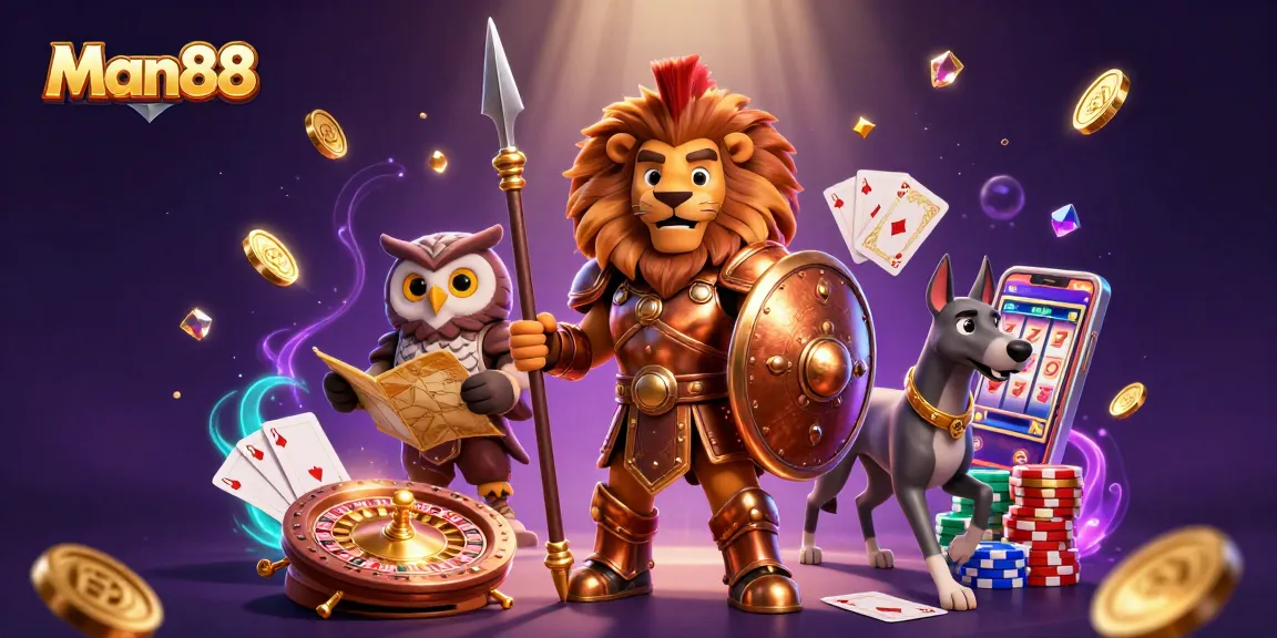 Experience thrilling gameplay at Man88 with vibrant casino elements and animated characters.
