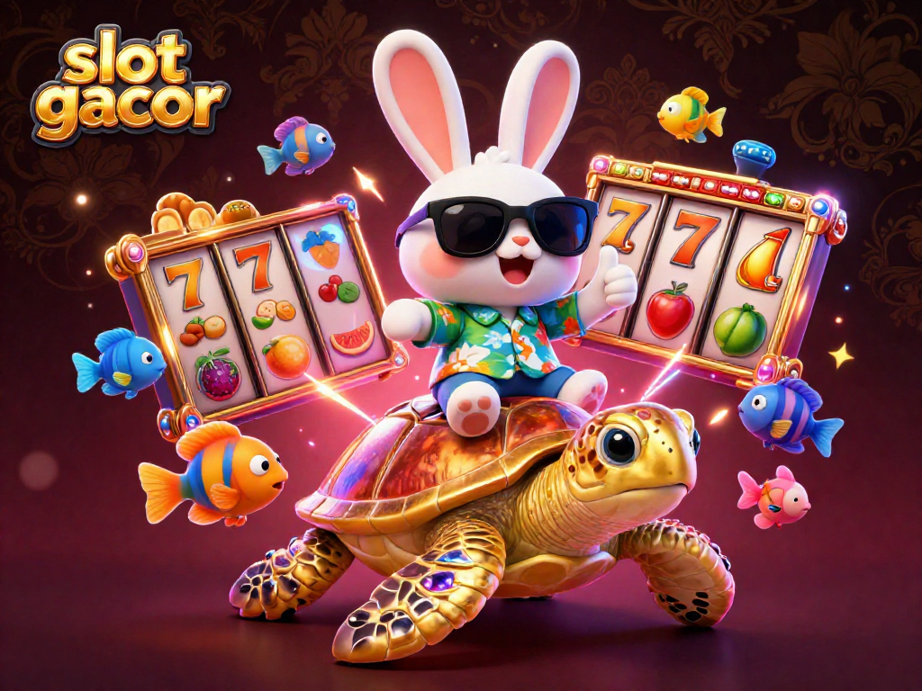 Experience thrilling slot gacor action with a lucky rabbit and golden turtle surrounded by vibrant games.