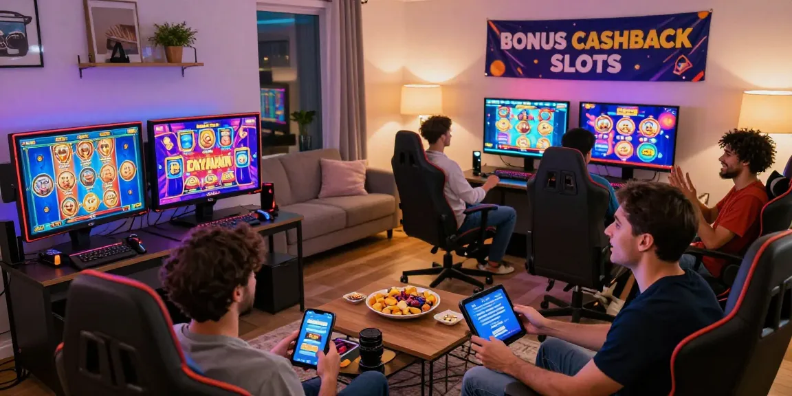 Exciting online gaming scene with players enjoying bonus cashback slot promotions in a cozy living room.