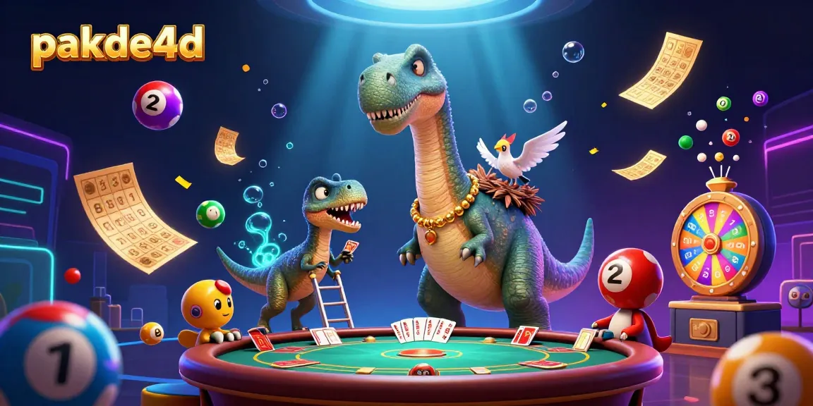 Engage in pakde4d gaming with vibrant lottery elements, a playful dinosaur, and dynamic action.