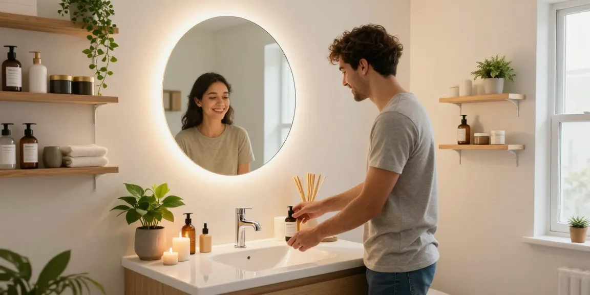 Modern bathroom vanity with young couple organizing toiletries, inviting and stylish decor.